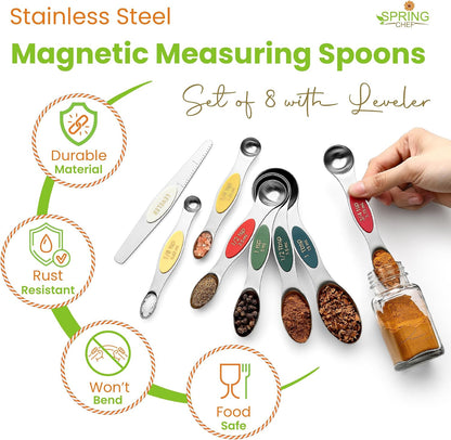 Spring Chef Stainless Steel Magnetic Measuring Spoons Set with Strong N45 Magnets, Heavy Duty Metal Kitchen Gadgets for Baking & Cooking, Fits in Most Kitchen Spice Jars, Set of 8 with Leveler, Black