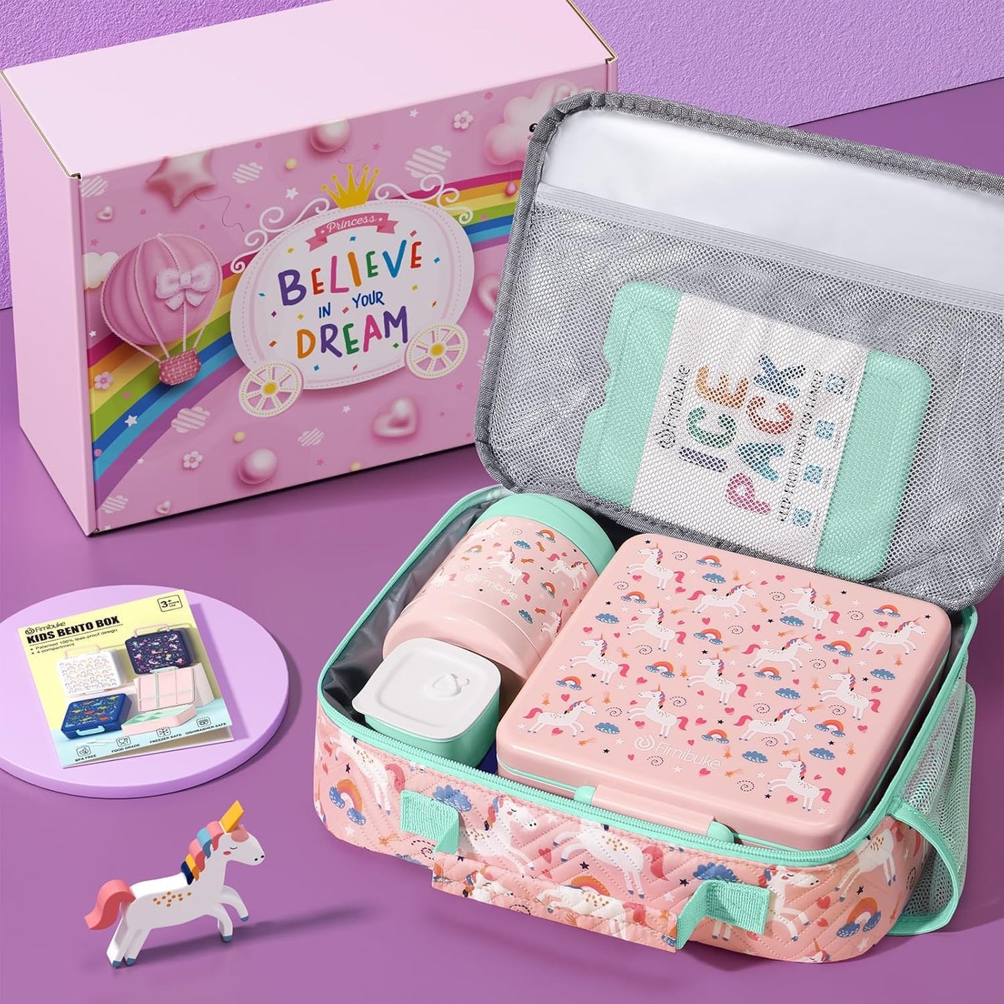 Fimibuke Kids Bento Snack Lunch Box with 4 Compartment, Insulated Lunch Bag, Stainless Steel Vacuum Thermo Food Jar, Ice Pack, Utensils Set, Birthday Gifts for Age 3-12 Back to School Toddler Girl Boy