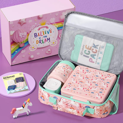 Fimibuke Kids Bento Snack Lunch Box with 4 Compartment, Insulated Lunch Bag, Stainless Steel Vacuum Thermo Food Jar, Ice Pack, Utensils Set, Birthday Gifts for Age 3-12 Back to School Toddler Girl Boy