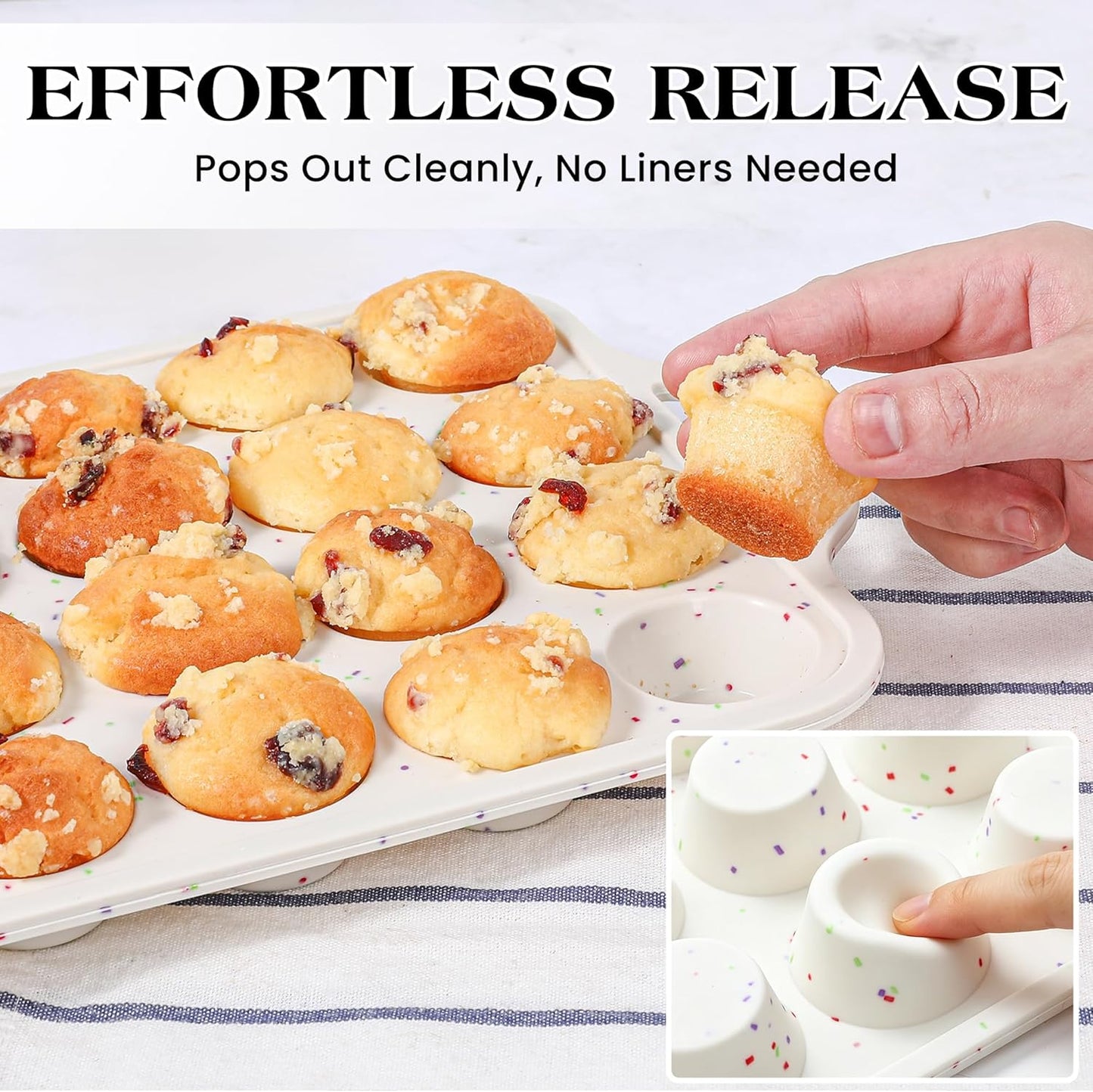 Regular 12 Cup and Mini 24 Cup Nonstick Cupcake Pan Set Silicone Muffin Pan for Baking Silicone Cupcake Mold with Metal Reinforced Frame BPA Free (2 Pcs, Cream)