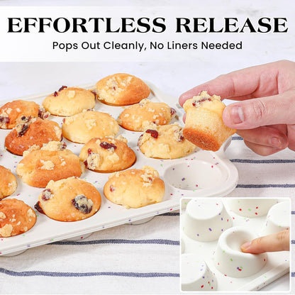 Regular 12 Cup and Mini 24 Cup Nonstick Cupcake Pan Set Silicone Muffin Pan for Baking Silicone Cupcake Mold with Metal Reinforced Frame BPA Free (2 Pcs, Cream)