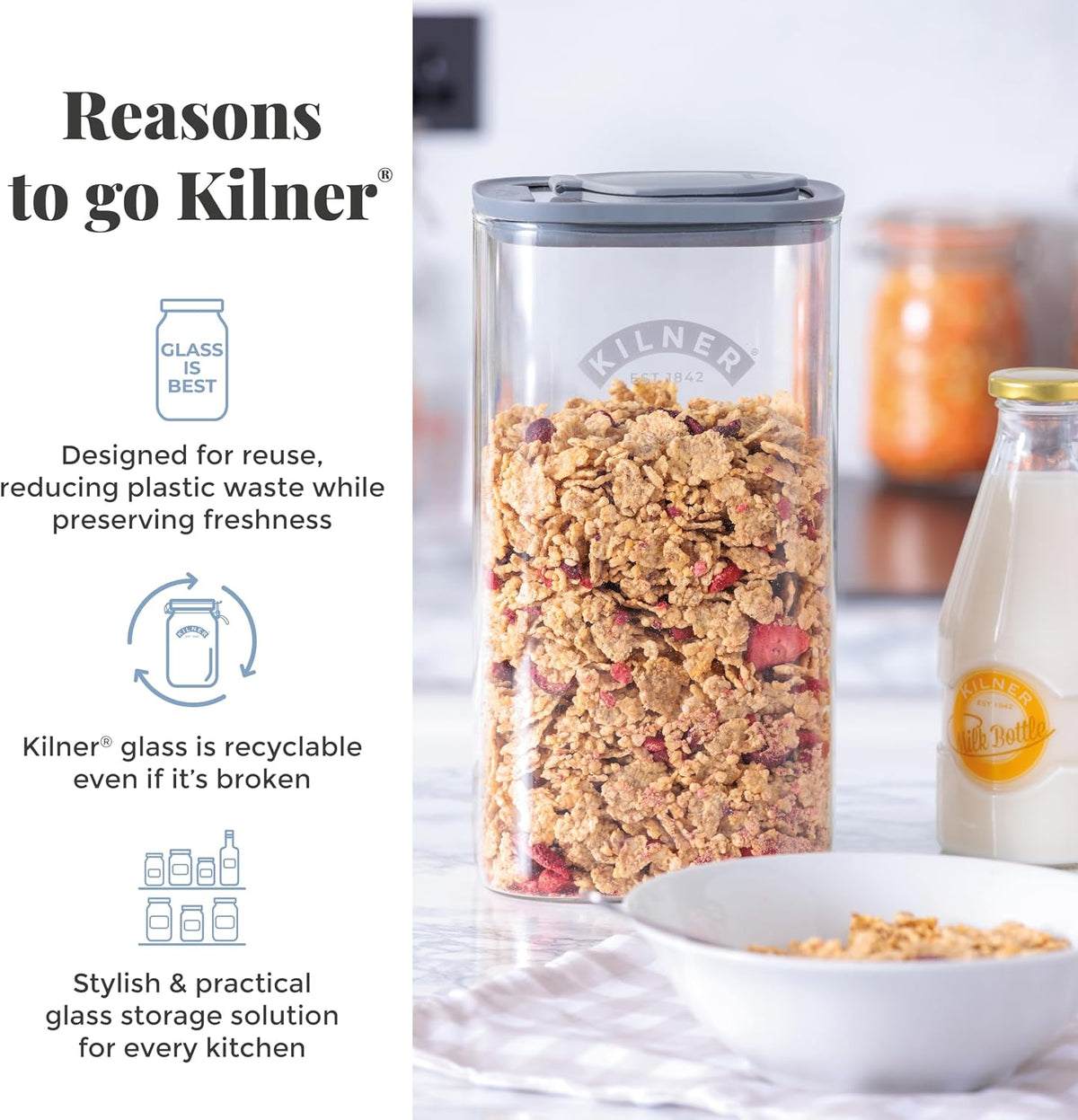 Kilner 3 Litre Glass Cereal Dispenser | Storage Jar with Airtight Glass & Silicone Lid | Easy-Pour Spout for Mess-Free Serving | Food Dispenser for Cornflakes, Beans, Granola and Pet Food