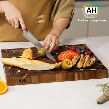 AZRHOM Large Wood Cutting Boards Set of 4 for Kitchen Cheese Charcuterie Board (Gift Box Included) Acacia Butcher Block with Non-slip Mats, Juice Groove and Handles (16x12, 14x10, double 11x8 inch)-4