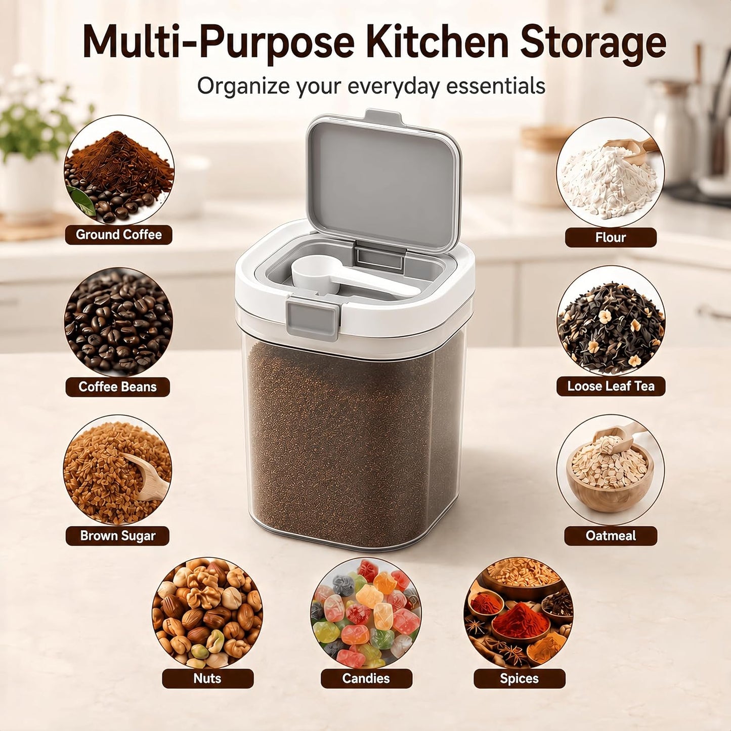 Airtight Brown Sugar Container with Spoon - 27 Fl Oz (800ml) Clear Storage Jar for Pantry - BPA-Free AS Material Perfect for Ground Coffee (Holds 12 oz Weight), Beans, Flour & Tea