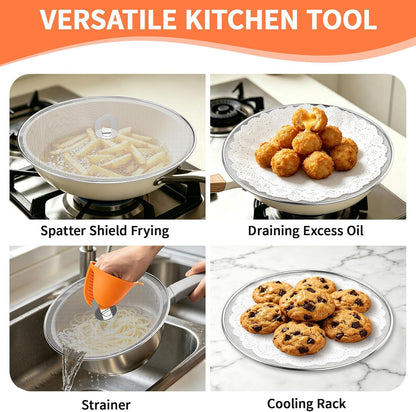 Splatter Screen for Frying Pan Set, 3 Pack 10"/11.5"/13" 304 Stainless Steel Grease Splatter Guard with Foldable Handle & Silicone Oven Mitts, Dishwasher Safe