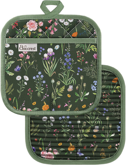 100% Cotton Square Pot Holders Soft Silicone Grip Green Floral