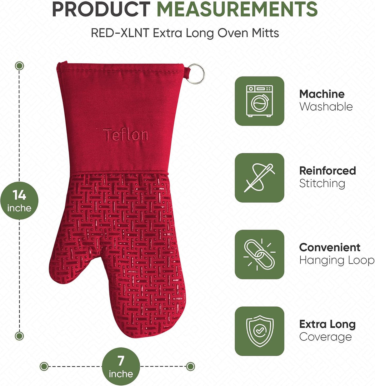 Xlnt Extra Long Oven Mitts (Black) | Teflon EcoElite Water Repellent | Heat Resistant for Oven Cooking, Grill & BBQ | Non Slip Gloves with Teflon EcoElite Finish, Cotton Lining & Hanging Loop