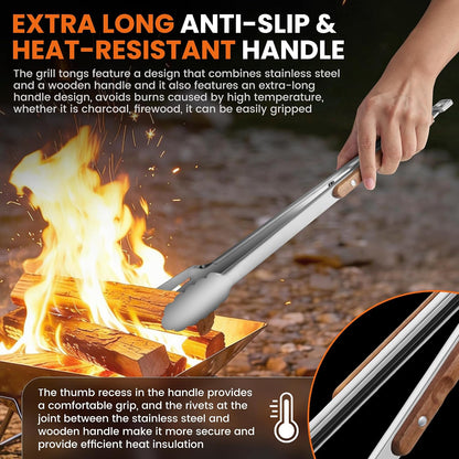 16-Inch Grilling Tongs,Extra Long BBQ Tongs Barbecue Tong with Wood Handles