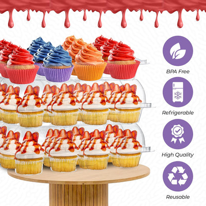 Plastic Cupcake Containers Boxes | 12 Compartment – 8 Pack | Disposable High Dome Dozen Cupcake Holder With Lid Bulk | Extra Sturdy Stackable Cupcake Boxes | Durable Muffin Packaging Transporter To Go