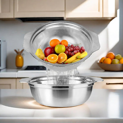 Stainless Steel Colander for Kitchen, 2.5QT Rice Washer Strainer with Mixing Bowl, Colander Bowl Set with Microporous for Washing Rice, Pasta, Spaghetti, Fruits, Dishwasher Safe(2PC)