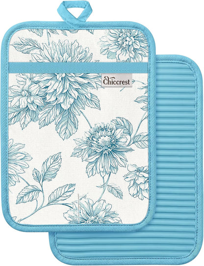 100% Thick Cotton Pot Holders Ribbed Soft Silicone Bright Flower