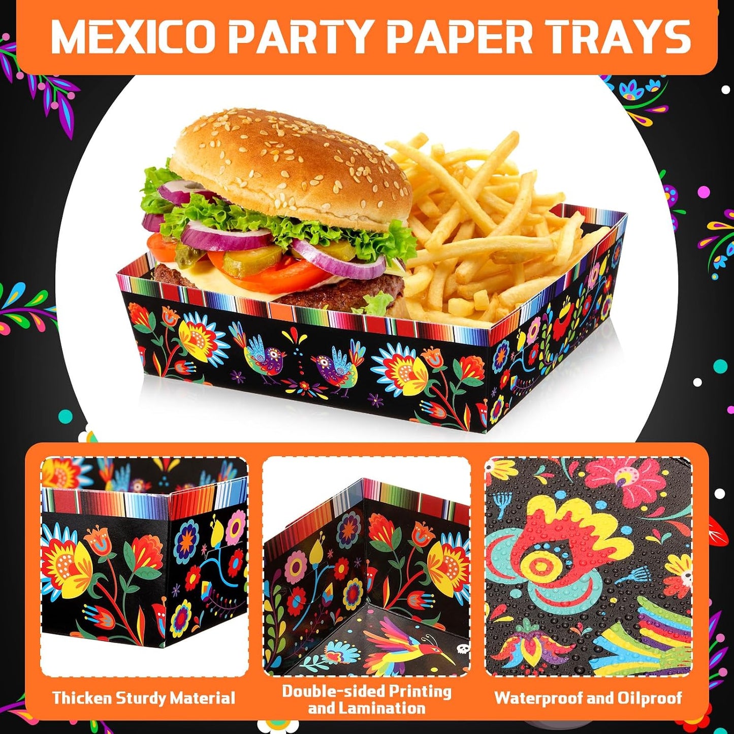 Harloon 36 Pack Mexican Nacho Trays 5 lb Extra Large Mexican Paper Food Trays Fiesta Disposable Cardboard Serving Boats for Cinco De Mayo Taco Fries Snacks Birthday Party Supplies(Floral)
