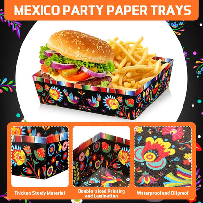 Harloon 36 Pack Mexican Nacho Trays 5 lb Extra Large Mexican Paper Food Trays Fiesta Disposable Cardboard Serving Boats for Cinco De Mayo Taco Fries Snacks Birthday Party Supplies(Floral)