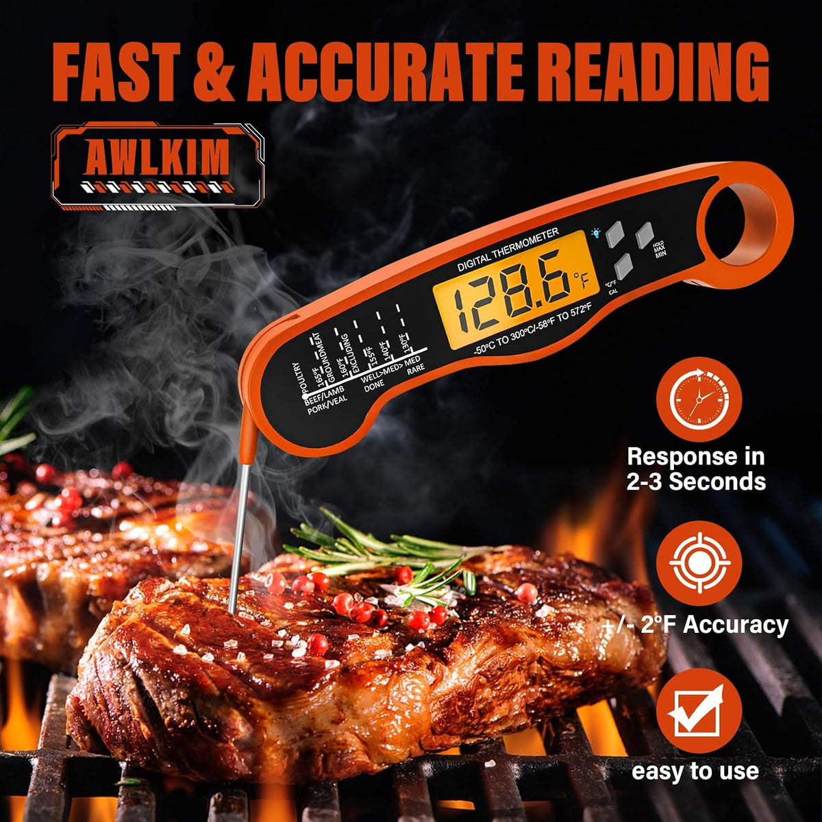AWLKIM Meat Thermometer Digital, Instant Read Food Thermometer, Red