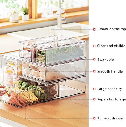 Mano Stackable Fridge Drawers Pull Out Bins with Handle Clear Refrigerator Drawers Organizer Food Storage Container Box with Dividers Plastic Produce Saver for Pantry, Cabinet, Kitchen, Clothes（7Pack）