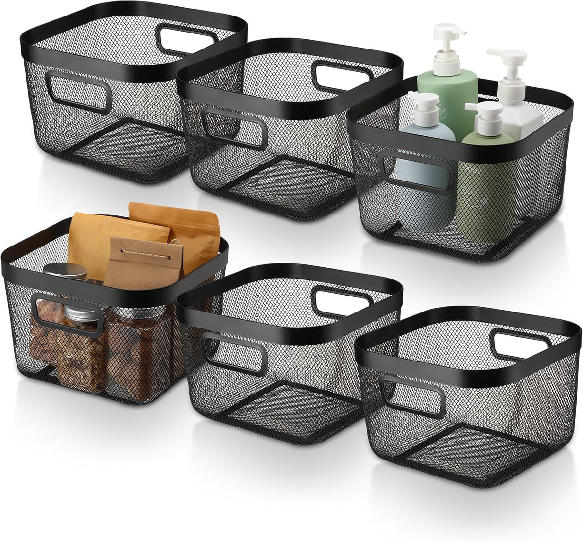 MorningRo 6 Pack Metal Mesh Basket with Hollow Handles Black Wire Storage Bin for Organizing Stackable Metal Fine Mesh Basket for Pantry Bathroom Kitchen Cabinets Shelves (Medium)