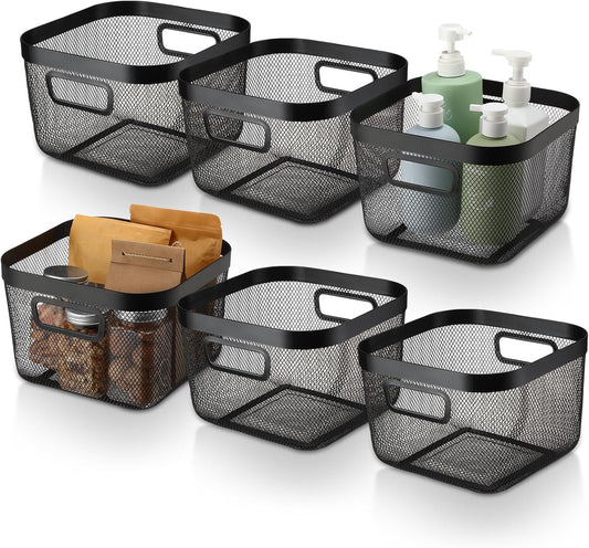 MorningRo 6 Pack Metal Mesh Basket with Hollow Handles Black Wire Storage Bin for Organizing Stackable Metal Fine Mesh Basket for Pantry Bathroom Kitchen Cabinets Shelves (Medium)