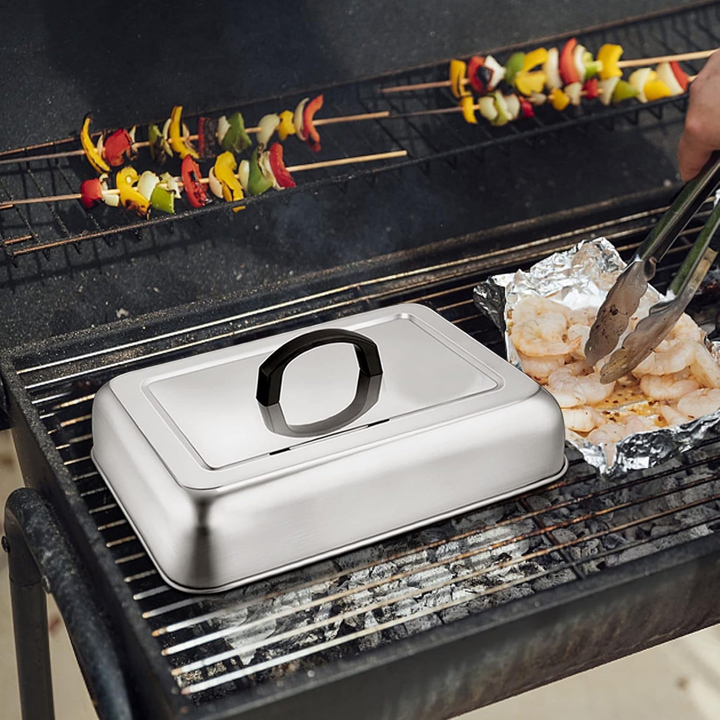 Leonyo 13 x 9 Inch Rectangular Basting Cover Set of 2, Stainless Steel Cheese Melting Dome Lid with Adjustable Vent Heavy Duty for Outdoor&Indoor Flat Top Griddle Accessories Teppanyaki BBQ Grilling