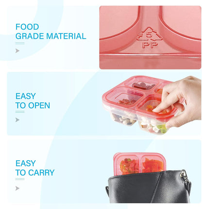 Finorder 6 Pack 4-Compartment Snack Containers, Reusable Food Containers for Kids School, Adults Office, Picnic Trip, Lunch Bento Box Meal Prep Containers (Bright Color Set)