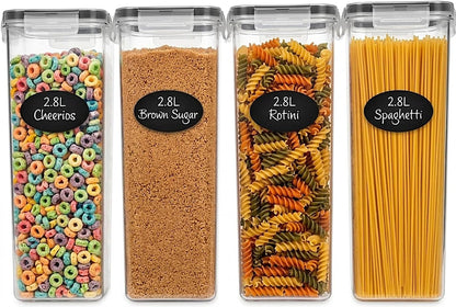 Large Airtight Food Storage Containers with Lids Set of 4 3.2L - 102 fl. oz Pasta storage Containers, BPA Free Plastic Spaghetti container - Air Tight Canisters for Kitchen Pantry Organization