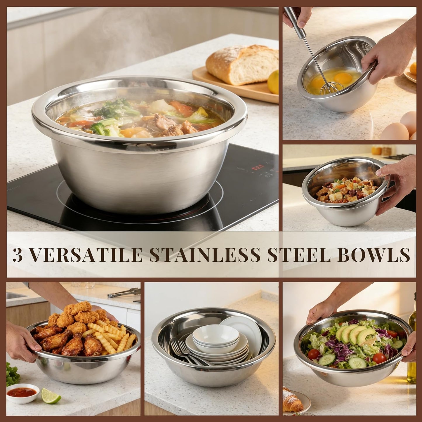 Mixing Bowls Set of 3 Stainless Steel, 7.9″ 10.2″ 14.2″ Metal Bowls for Baking Dough Salad Kitchen