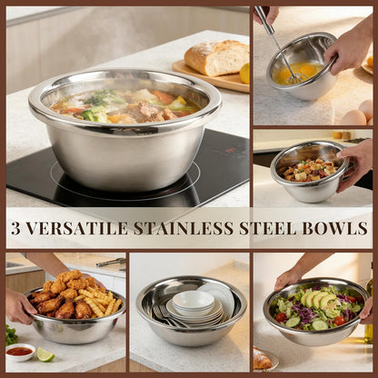 Mixing Bowls Set of 3 Stainless Steel, 7.9″ 10.2″ 14.2″ Metal Bowls for Baking Dough Salad Kitchen