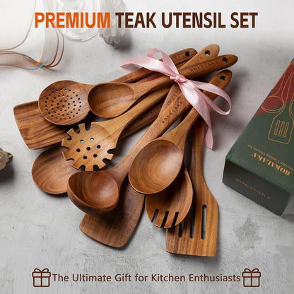 Wooden Spoons for Cooking, Natural Teak Wooden Kitchen Utensils Set Wooden Utensils for Cooking Wooden Cooking Utensils Wooden Spatulas for Cooking (10)