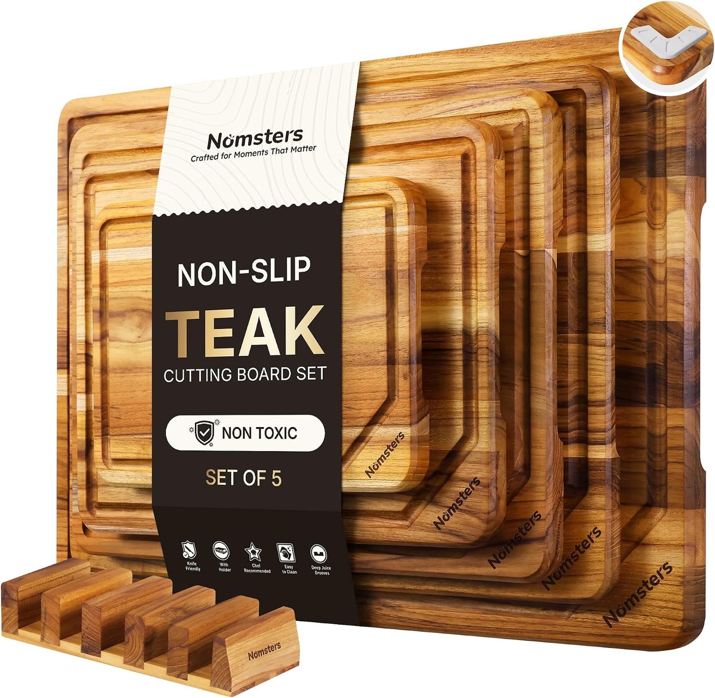 3 Pack Teak Wood Cutting Board Set with Holder Non Slip Over Sink Wooden Chopping Board for Fresh Meat Vegetable Thick Haus Perfect for Charcuterie Juice Groove Kitchen Accessories - FSC Certified