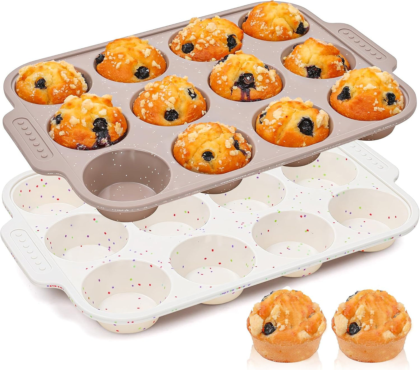 2 Pcs Silicone Muffin Pans for Baking with Metal Reinforced Frame, Nonstick Cupcake Tray for Oven, 12 Cups Regular Size Silicone Molds for Egg Bites, Dishwasher Safe (Brown, Cream)