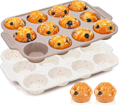 2 Pcs Silicone Muffin Pans for Baking with Metal Reinforced Frame, Nonstick Cupcake Tray for Oven, 12 Cups Regular Size Silicone Molds for Egg Bites, Dishwasher Safe (Brown, Cream)