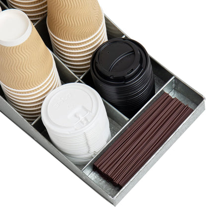 Mind Reader Cup and Condiment Station, Countertop Organizer, Coffee Bar, Galvanized Metal, 8.5"L x 14.5"W x 5.25"H, Silver