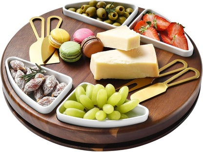 Shanik Acacia Wood Lazy Susan Cheese Board Set – Rotating Charcuterie Platter, Elegant Serving Tray for Appetizers, Snacks, Parties & Weddings