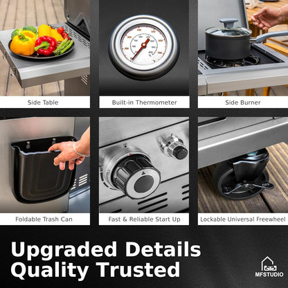 MFSTUDIO 5 Burner Gas Grill Griddle Combo with Porcelain-Enameled Cast Iron Grates,Cutting Board and Double Lids, Duel-Function Propane BBQ Grills with Flat Top Grddle for Outdoor Barbecue Cooking
