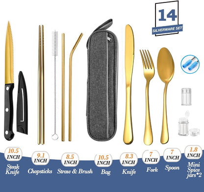 Portable Reusable Travel Utensils Silverware With Case, Camping Cutlery Set, Chopsticks and Straw, Flatware With Case, Stainless Steel Top (Silver)