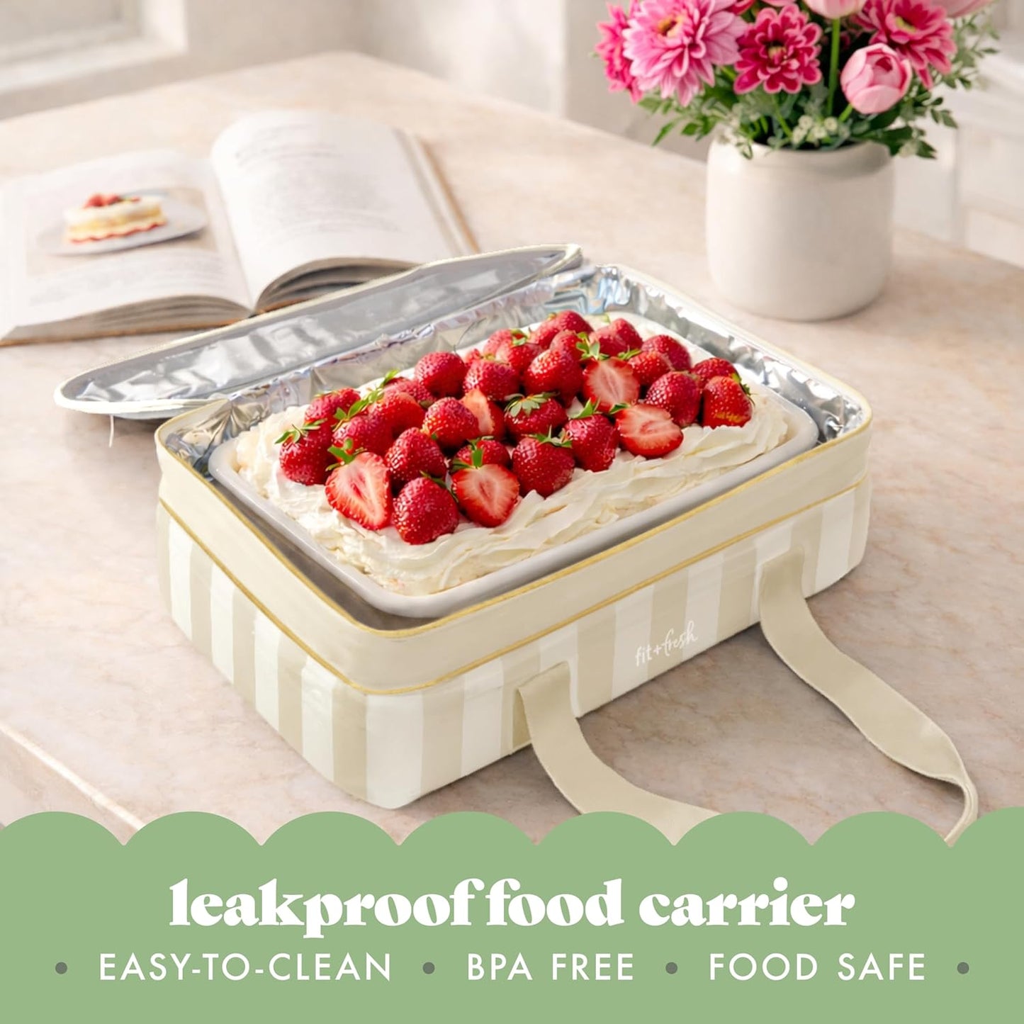 Fit & Fresh Insulated Casserole Carrier - Double Decker Food Carrier Fits Two 9x13 Dishes, Expandable Hot & Cold Food Transport Bag with Zipper Pocket for Potluck, Easter & Travel, Pink Gingham
