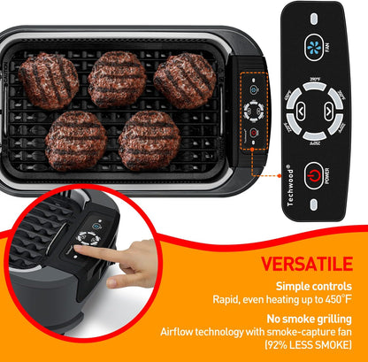 Techwood Indoor Grill Smokeless Grill, Electric Korean BBQ Grill with Glass Lid, Turbo Smoke Extractor Technology, Dishwasher-Safe Drip Tray & Nonstick Grilling Removable Plate, Black, 1500W