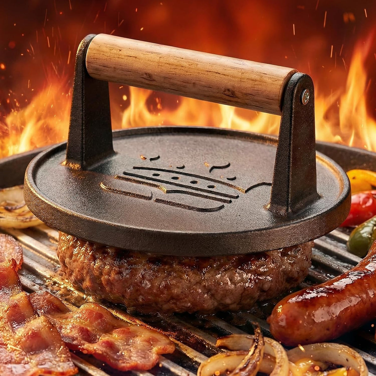 Smash Burger Press 6.5",Cast Iron Flat Round Burger Smasher, Gift