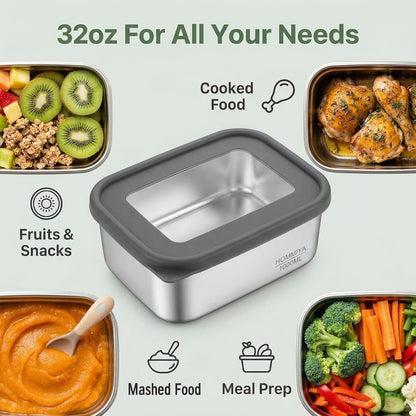 Stainless Steel Food Storage Containers with Leak-Proof Silicone Lid, Set of 3(32oz), Reusable Bento Lunch box for Snacks & Meal Prep, Oven/Dishwsher/Freezer Safe