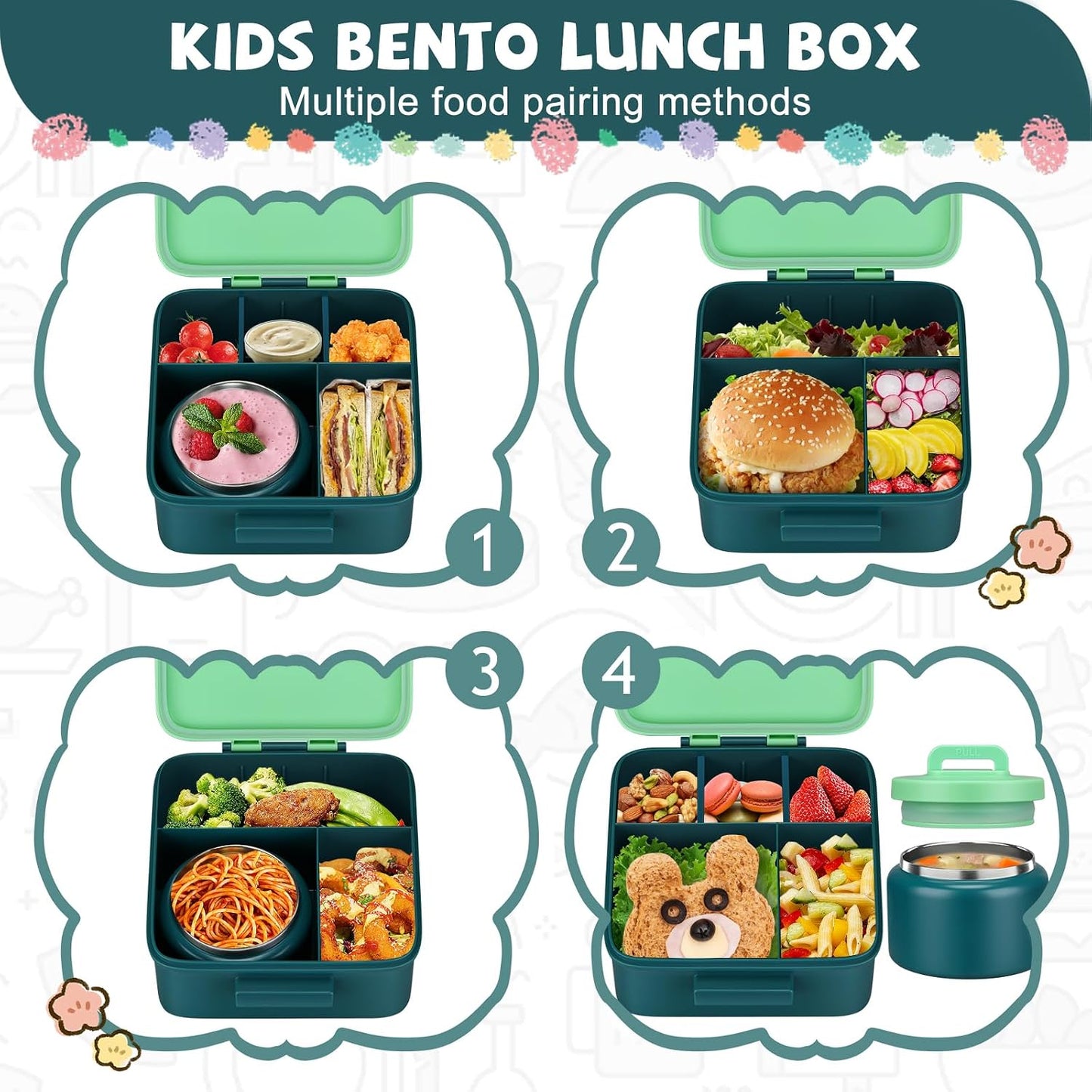 MAISON HUIS Bento Lunch Box with 8oz Soup Thermo and Insulated Lunch Bag, Kids Leakproof Lunch Food Containers with 5 Compartment, Boys Girls Thermo Hot Food Jar for Travel, School, BPA Free (Black)