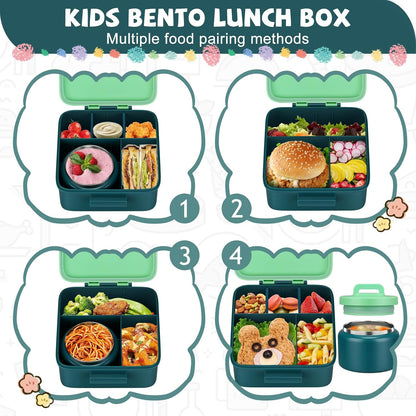 MAISON HUIS Bento Lunch Box with 8oz Soup Thermo and Insulated Lunch Bag, Kids Leakproof Lunch Food Containers with 5 Compartment, Boys Girls Thermo Hot Food Jar for Travel, School, BPA Free (Black)