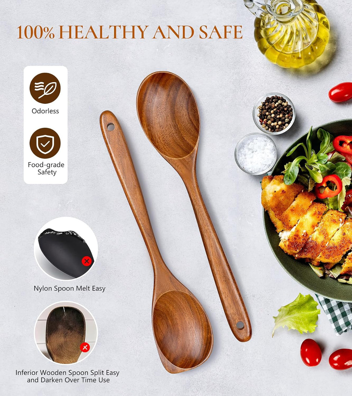 Wooden Spoons for Cooking, Premium Teak Wooden Cooking Utensils for Serving