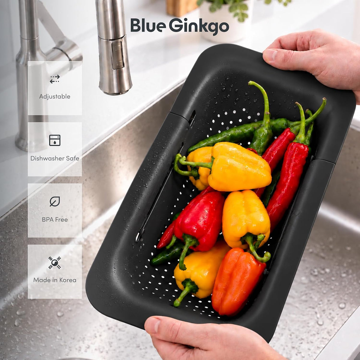 Blue Ginkgo Over Sink Colander, Extendable Kitchen Strainer, Black