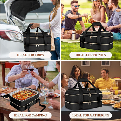 Insulated Casserole Carrier for Hot or Cold Food, Thermal Lasagna Lugger Tote to Keep Food Warm, Double Decker Food Warmer Bag Fits 9”x13” Baking Dish, Pink