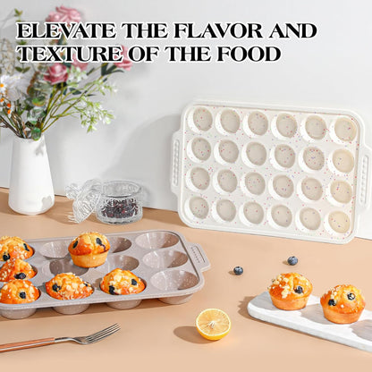 2 Pcs Silicone Muffin Pans for Baking with Metal Reinforced Frame, Nonstick Cupcake Tray for Oven, 12 Cups Regular Size Silicone Molds for Egg Bites, Dishwasher Safe (Brown, Cream)
