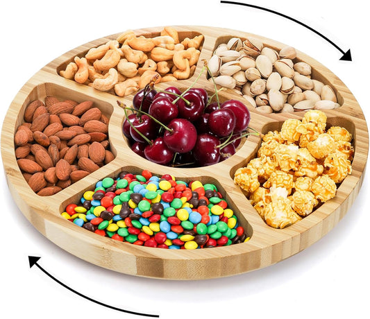 Dicunoy Divided Serving Dish Tray, 13'' Bamboo Rotatable Veggie Fruit Platter, Lazy Susan Relish Sectional Snack Container Bowls with 6 Compartments for Candy, Appetizer, Nuts, Parties