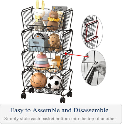 PUSDON 4-Tier Spacious Stackable Wire Storage Baskets with Wheels, Metal Rolling Utility Cart Organizer, Fruit and Vegetable Produce Basket for Kitchen Pantry, Everyday Bathroom Shelf, Silver Grey