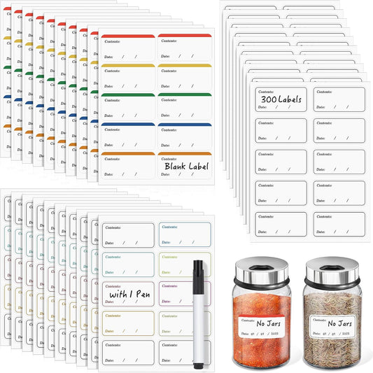 Segarty Food Label Stickers, 300 Pcs Blank Expiration Date Stickers to Write On, with 1 Black Pen, Waterproof Removable Freezer Labels for Glass Spice Jars, Canister, Food Container