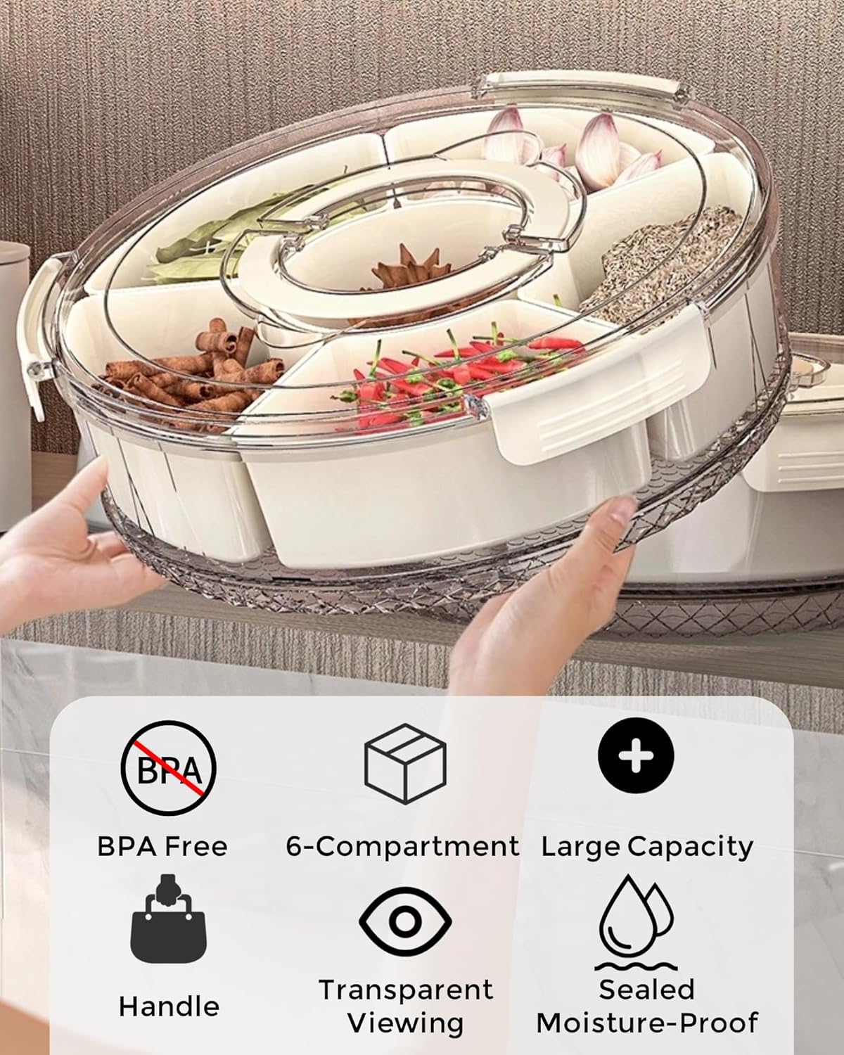 Divided Serving Tray with Lid and Handle, Round Rotating Snackle Box Container, 6-Compartment, for Fruits Candy Organizer, Portable Spinning Rounded Veggie Tray for Kitchen, Party, Trave and Picnic