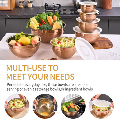 Pink Mixing Bowls with Airtight Lids, Stainless Steel Nesting Mixing Bowls Set of 7, Ideal for Baking, Prepping and Serving Food, Size 7, 3.6, 2.7, 2.1, 1.5, 1.1,0.8 QT, Stackable Design