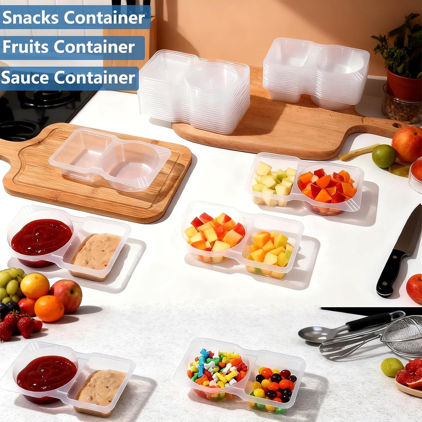 20 Pack Reusable Snack Containers with Lids, Double Compartment Snack Containers for kids & Adults -2 Compartment Condiment Containers, Dishwasher & Microwave Safe, for Portion Control, Meal Prep